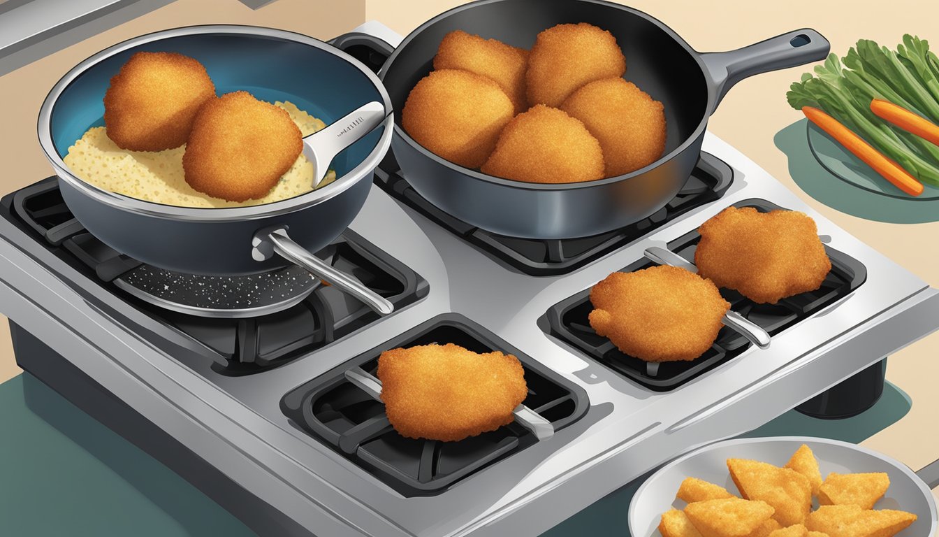 A stovetop with a frying pan, spatula, and sizzling chicken kiev bites being reheated