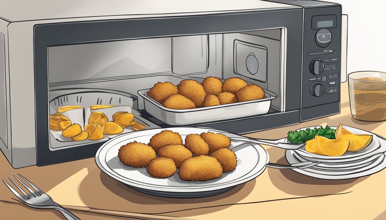 A plate of chicken kiev bites being reheated in a microwave, with a steaming hot dish and a fork nearby for the final touches