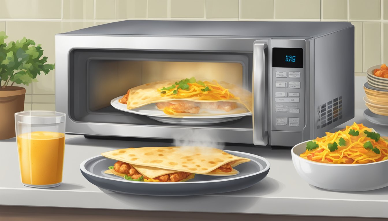 A microwave with a plate of chicken quesadillas inside, steam rising from the hot food