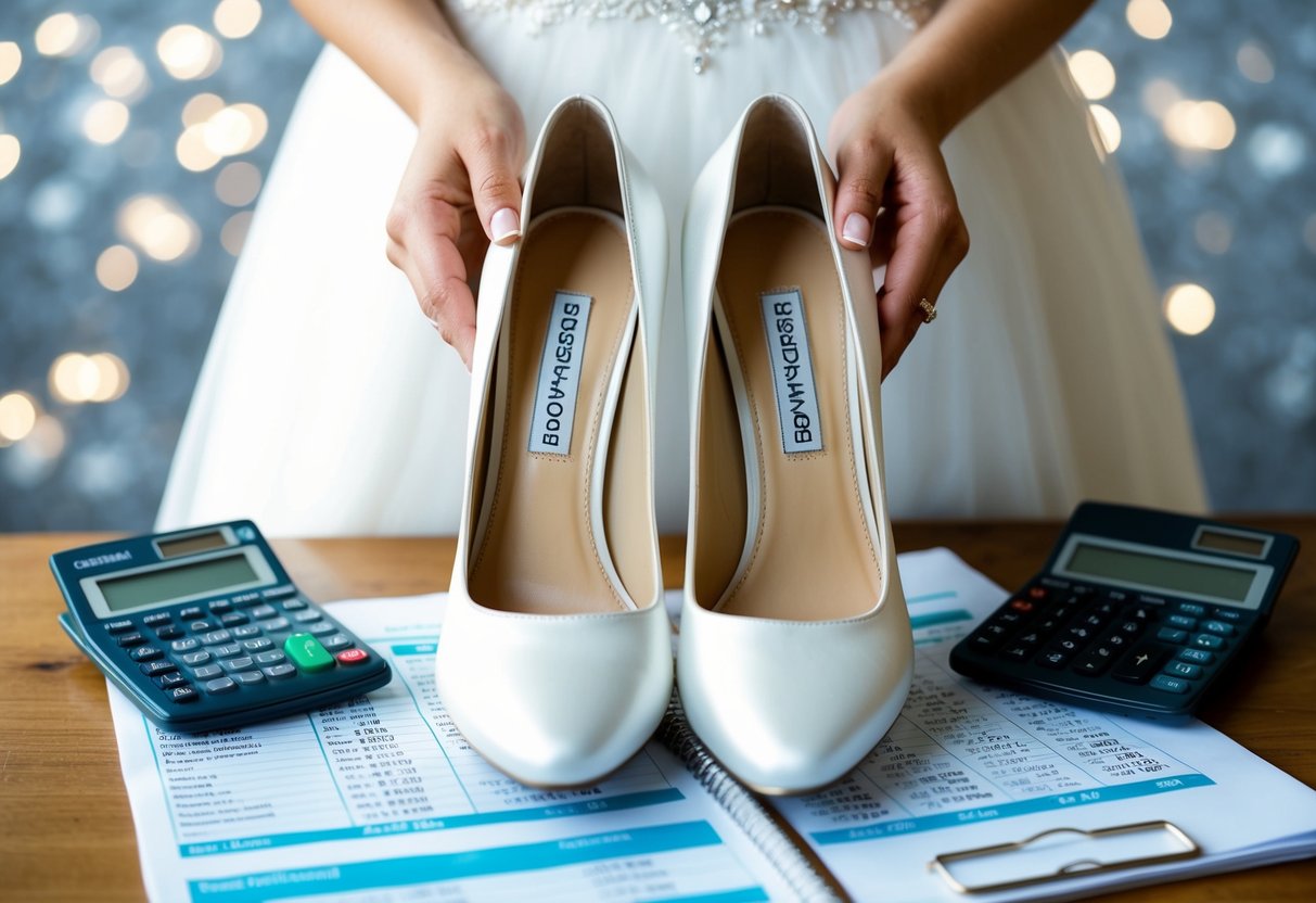 A bride holding a pair of bridesmaid shoes, surrounded by budgeting spreadsheets and calculators
