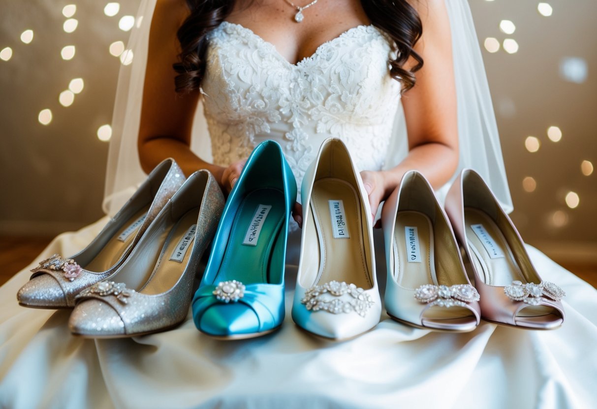 A bride holding different pairs of bridesmaids' shoes, pondering whether to pay for them