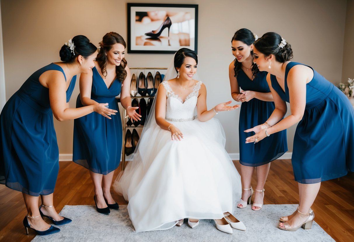 A bride and her bridesmaids discussing and gesturing about buying shoes
