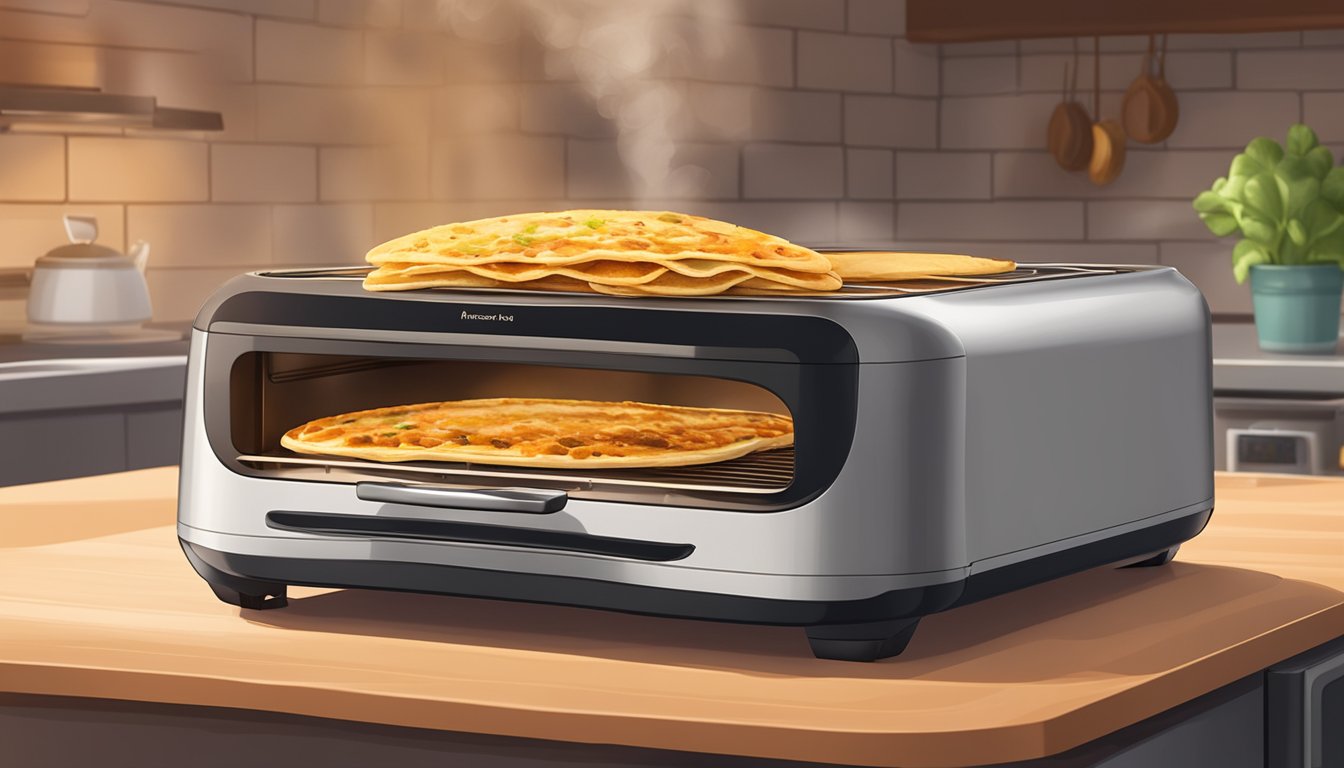 A chicken quesadilla sits inside an air fryer, surrounded by the warm glow of the appliance's heating element