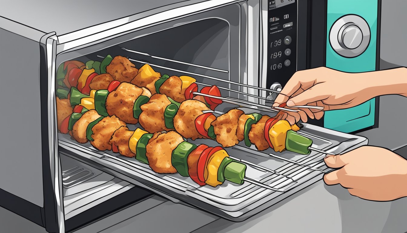 A person placing chicken kebabs on a microwave-safe plate and covering them with a microwave-safe lid before reheating them in the microwave