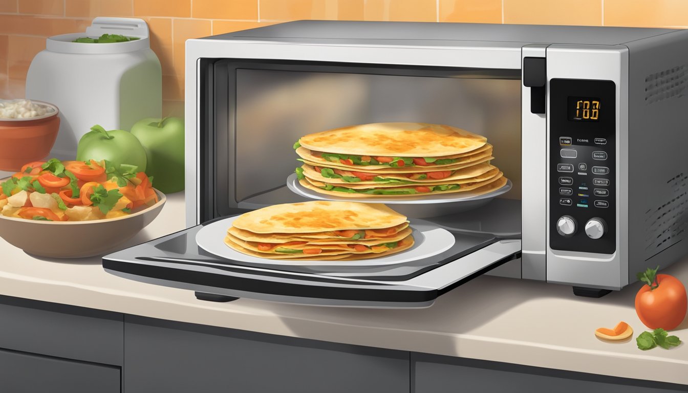 A microwave with a plate of chicken quesadillas inside, a timer set, and steam rising from the food