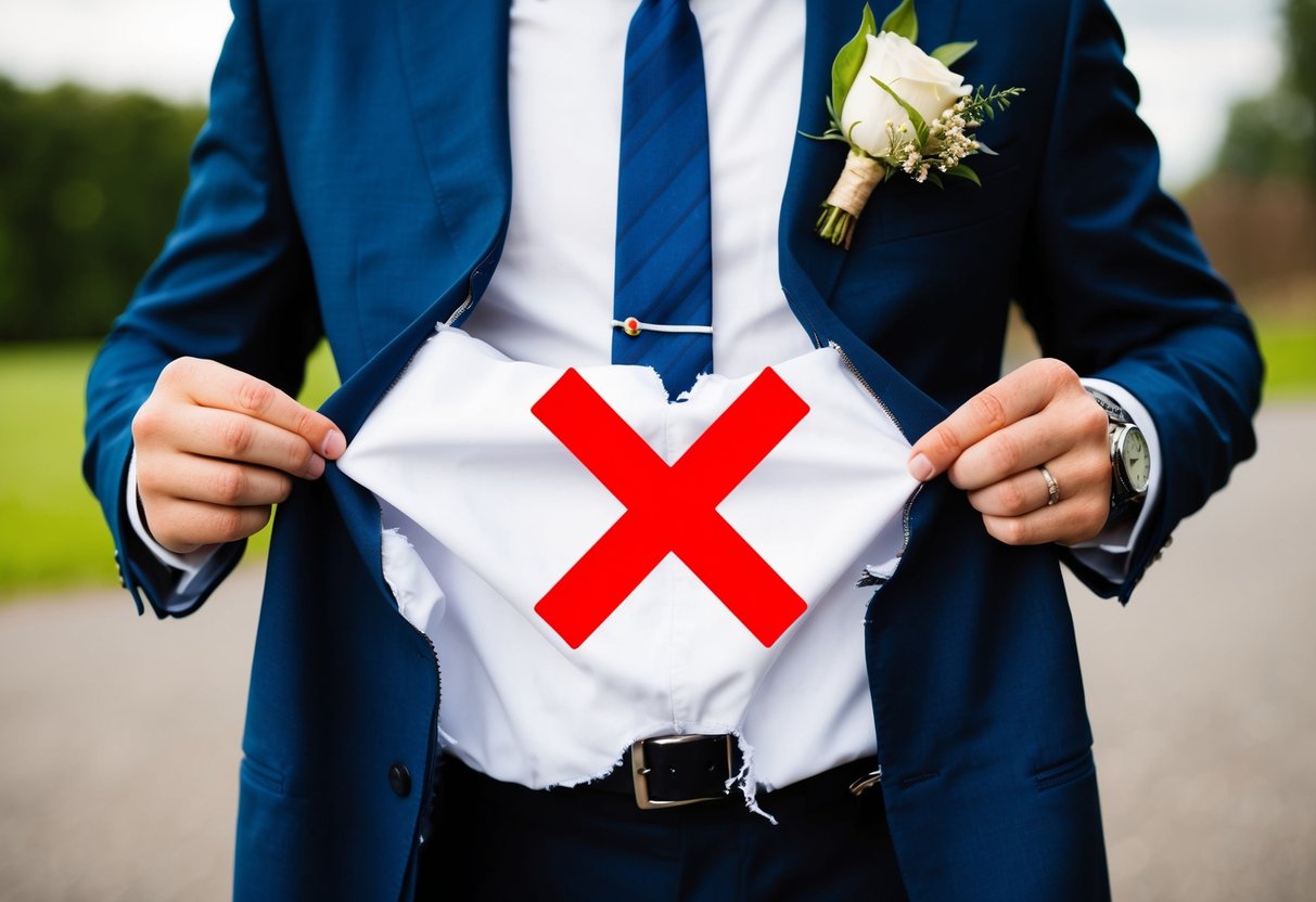 A wedding guest holding a torn, casual outfit with a red "X" over it