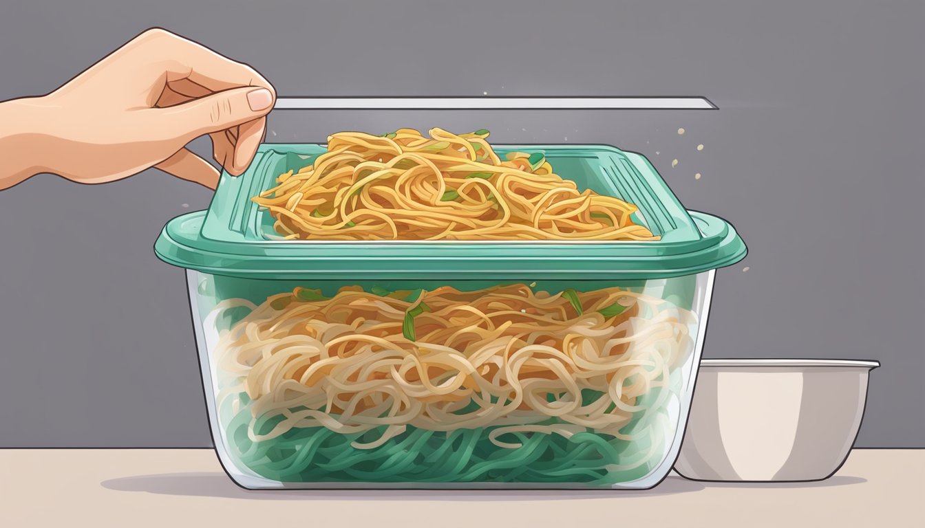 A person microwaving leftover chicken lo mein in a plastic container, causing the noodles to become soggy and the chicken to dry out