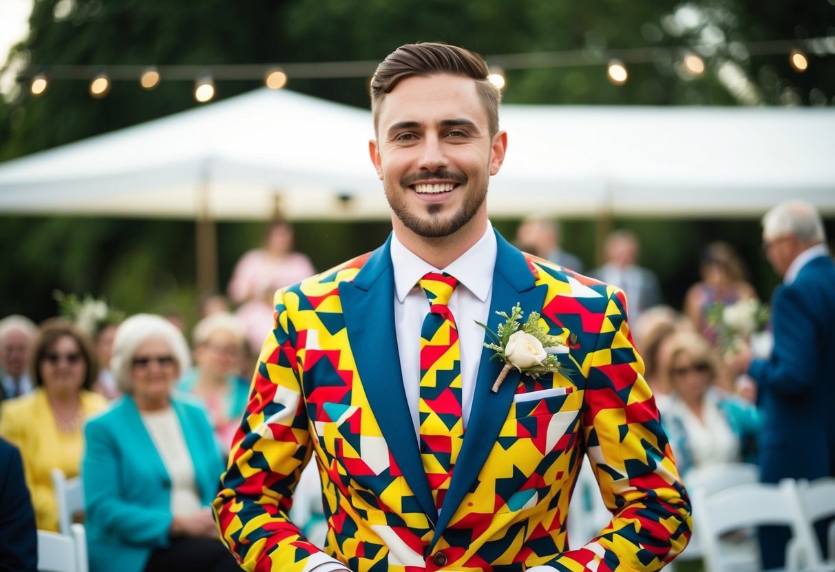 A wedding guest wearing a loud, clashing patterned outfit in a fabric that looks cheap and tacky
