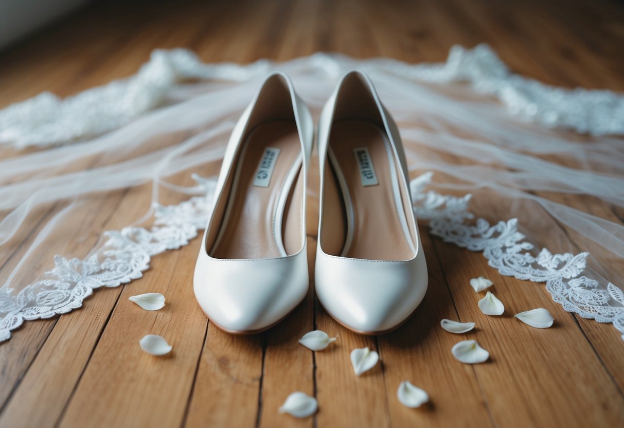 A pair of elegant white wedding shoes placed on a wooden floor, surrounded by delicate lace and a few scattered flower petals