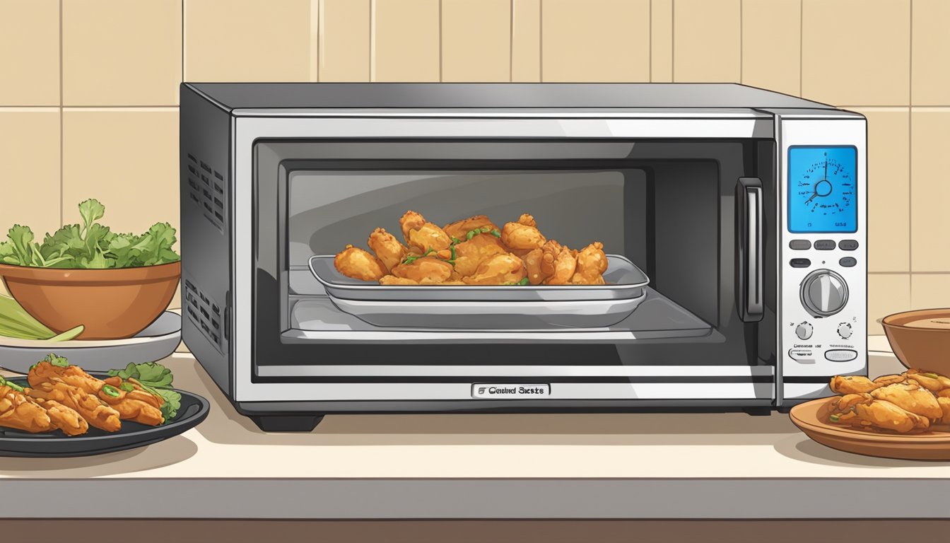 A microwave with a plate of chicken satay inside, a hand pressing the buttons, and a timer set for reheating