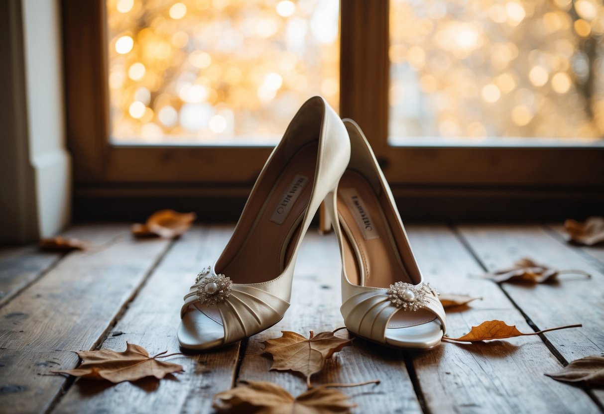 A pair of elegant wedding shoes placed on a rustic wooden floor, surrounded by fallen leaves and a soft, warm light filtering through a window