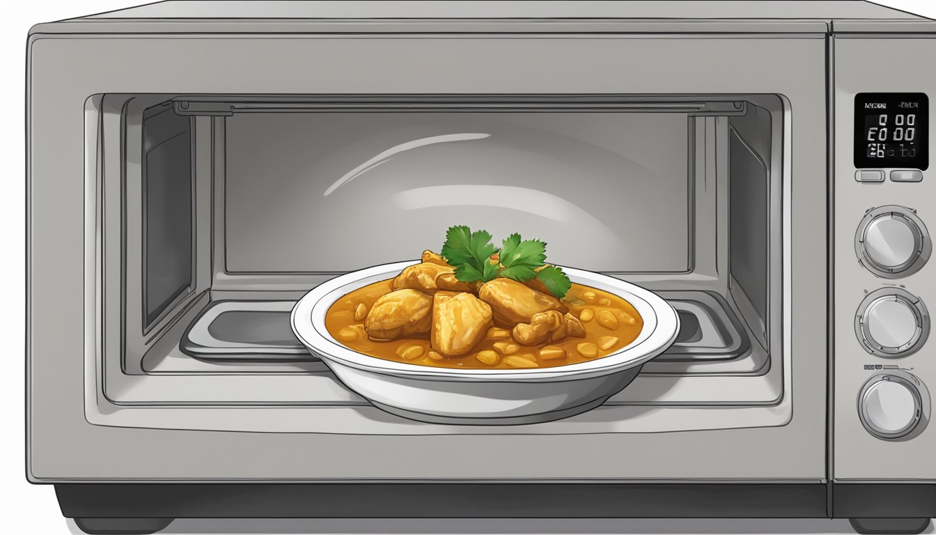 A bowl of chicken Massaman curry being reheated in a microwave