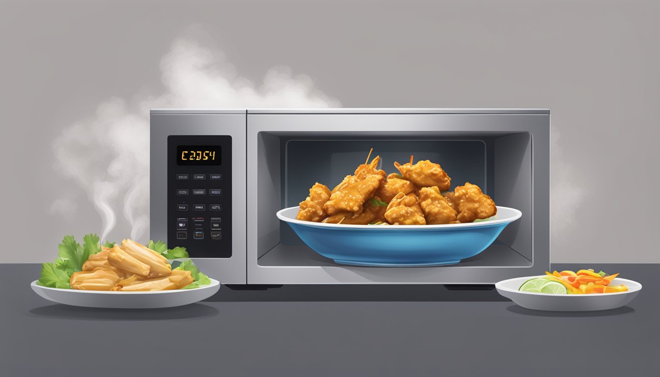 A microwave with a plate of chicken satay inside, steam rising from the hot food