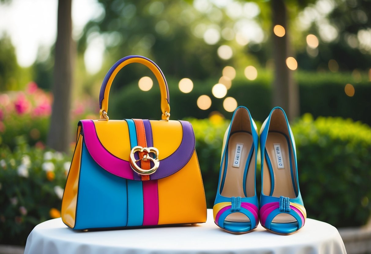 A wedding scene with a colorful handbag and matching shoes displayed together on a table