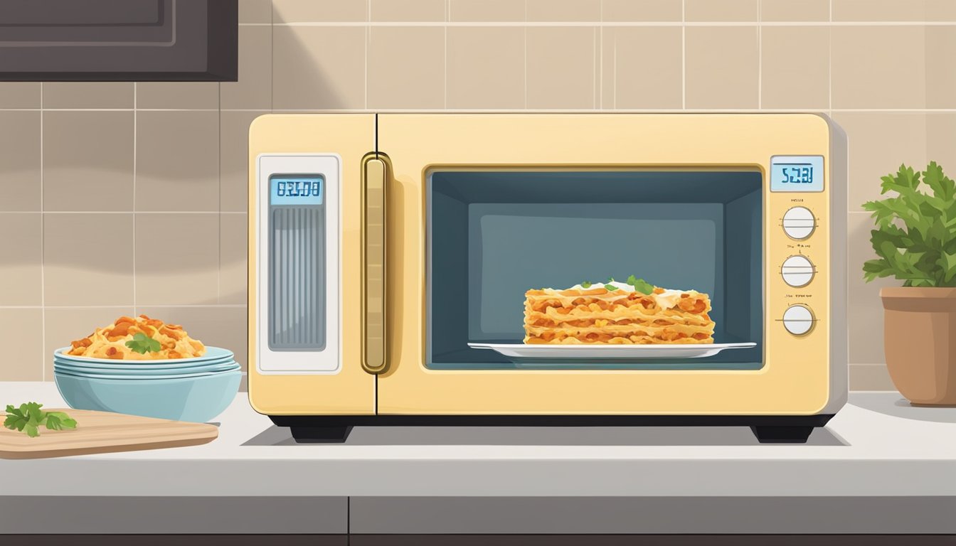 A microwave with a plate of chicken lasagna inside, the timer counting down