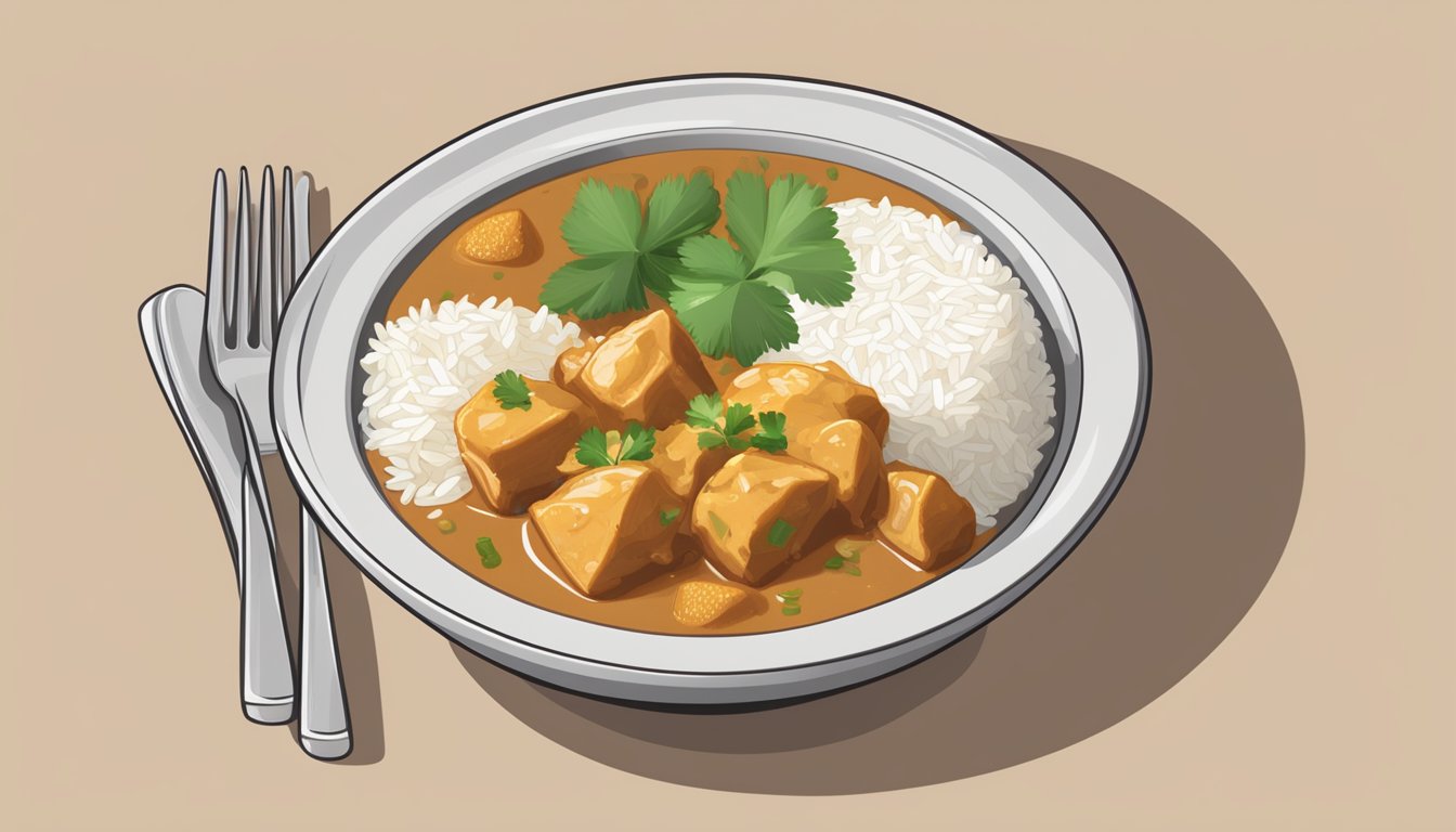 A steaming bowl of chicken massaman curry sits next to a plate of fluffy white rice, with a side of fresh cilantro and lime wedges