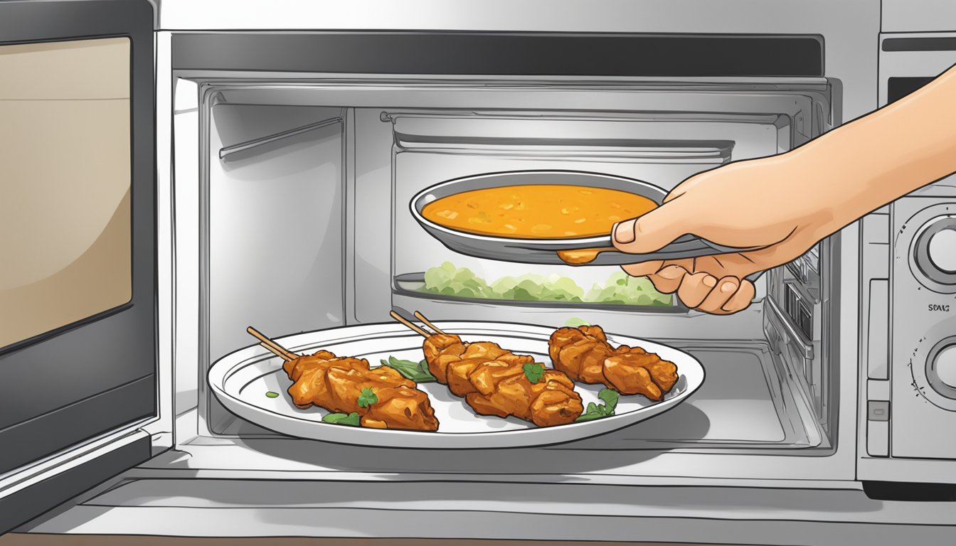 A person placing leftover chicken satay onto a microwave-safe plate and reheating it in the microwave