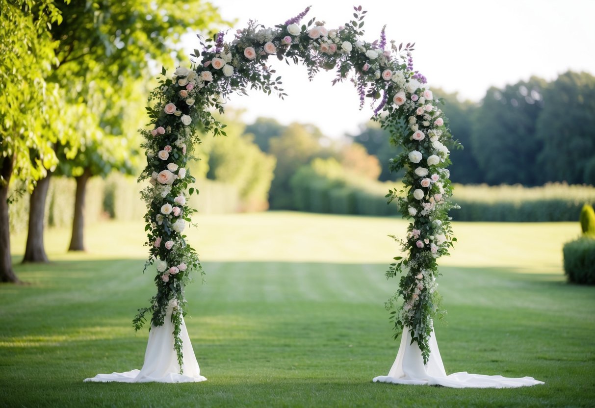 A floral wedding arch stands in a garden, surrounded by greenery and soft sunlight