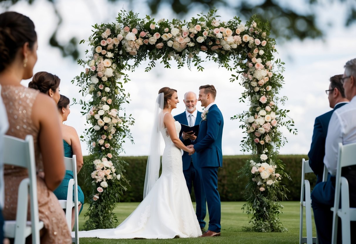 A wedding arch stands adorned with flowers, framing the couple as they exchange vows