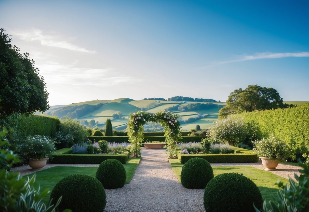 A lush garden with a picturesque backdrop of rolling hills and a clear blue sky. A serene and romantic setting for a wedding