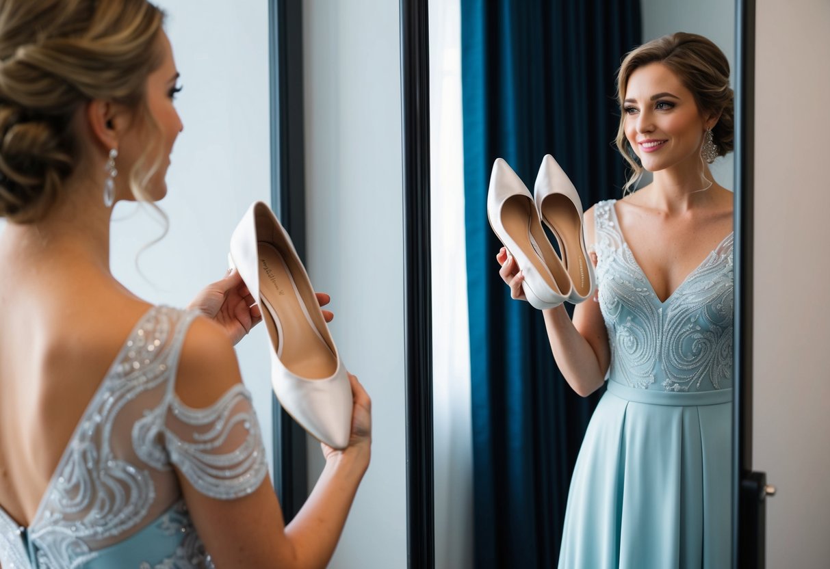 A woman in a stylish dress holds a pair of elegant flats in one hand while looking at herself in a full-length mirror. She seems to be considering her footwear choice for a wedding