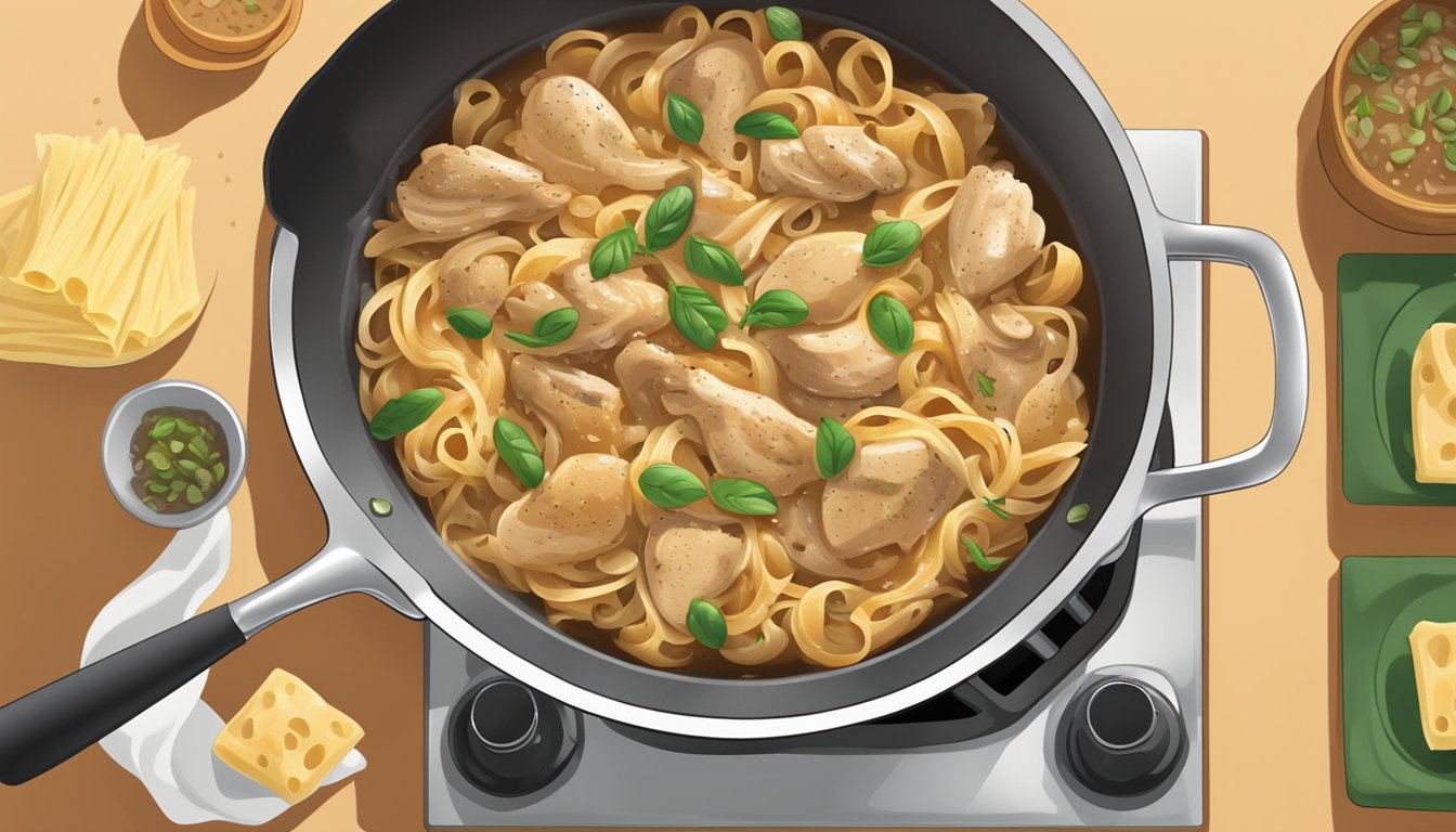 A steaming plate of Chicken Marsala and pasta being reheated in a skillet on a stovetop