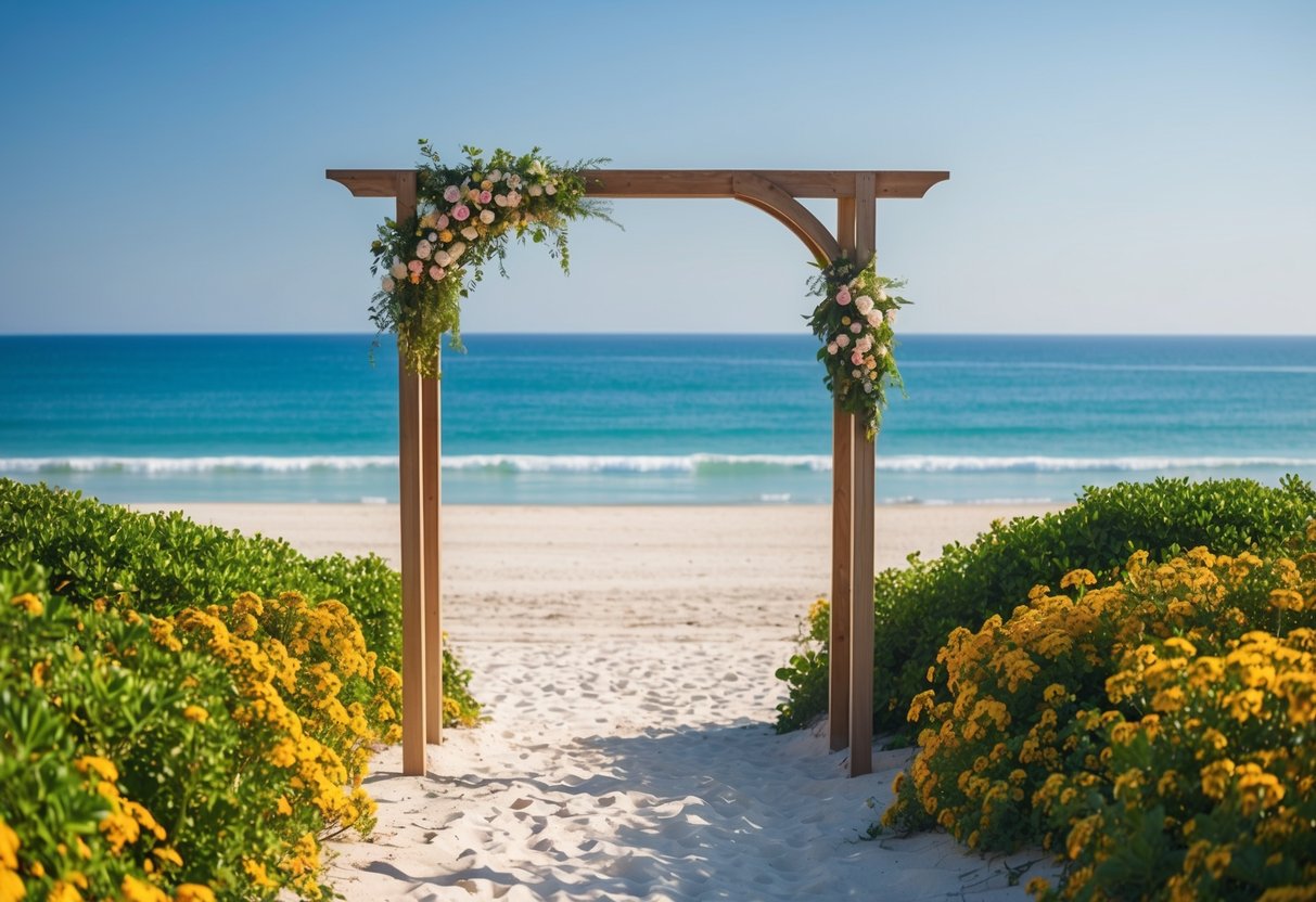 A serene beach with a simple wooden arch, surrounded by lush greenery and colorful flowers, overlooking a sparkling ocean