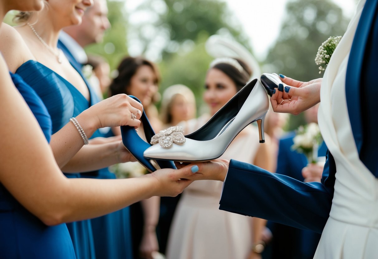 A wedding guest holding a pair of elegant flats next to a fancy high-heeled shoe, pondering their footwear choice