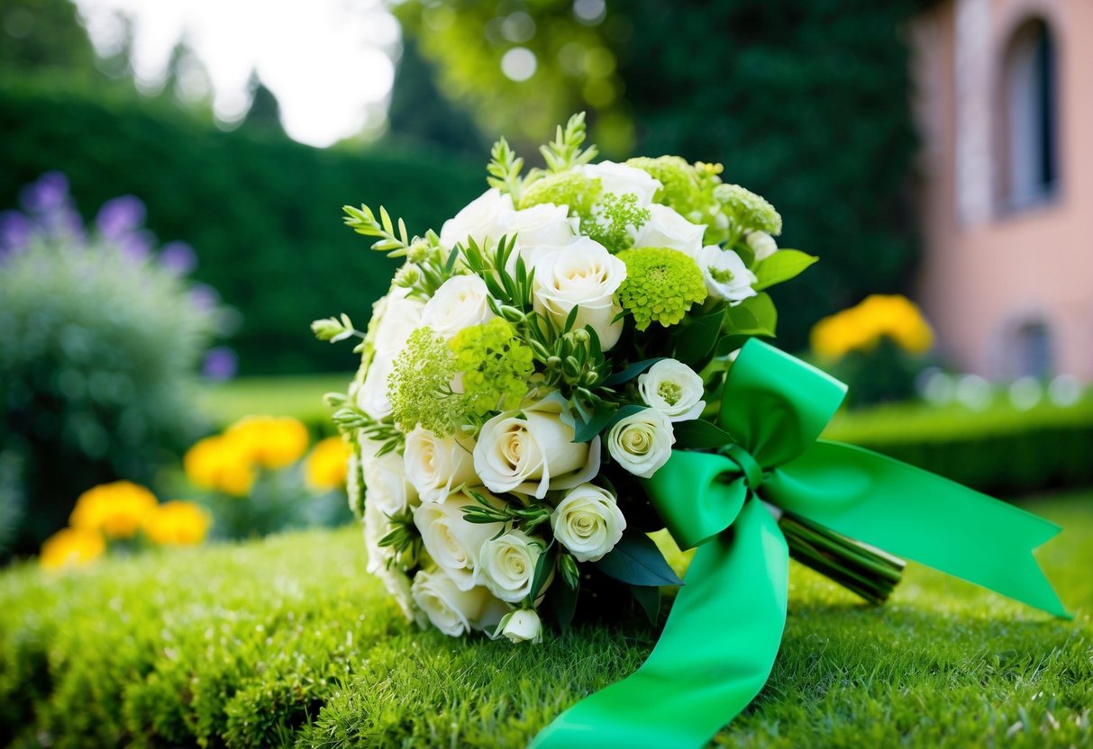 Italian brides wear green for luck. A lush garden with a green ribbon tied around a bouquet of flowers