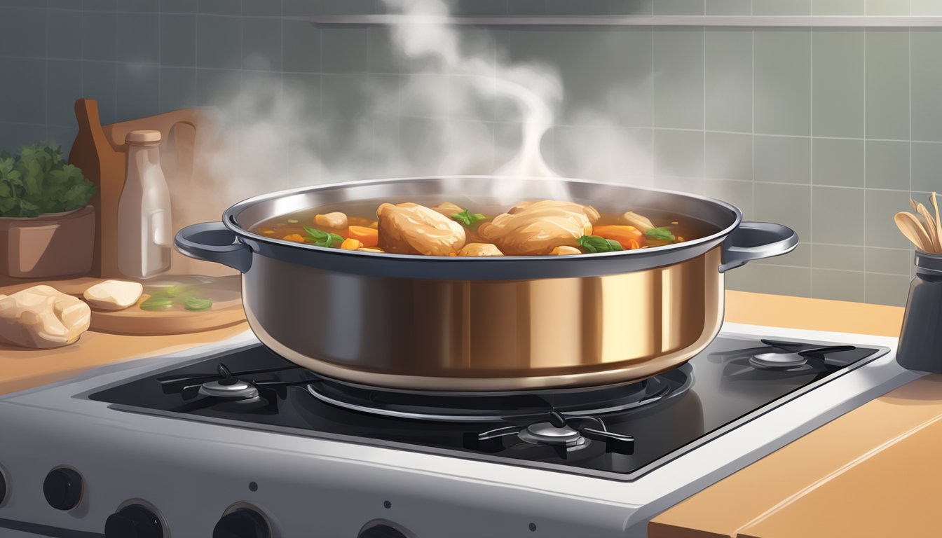 A pot of chicken stew being gently reheated on a stovetop, steam rising from the bubbling liquid as the aroma fills the kitchen