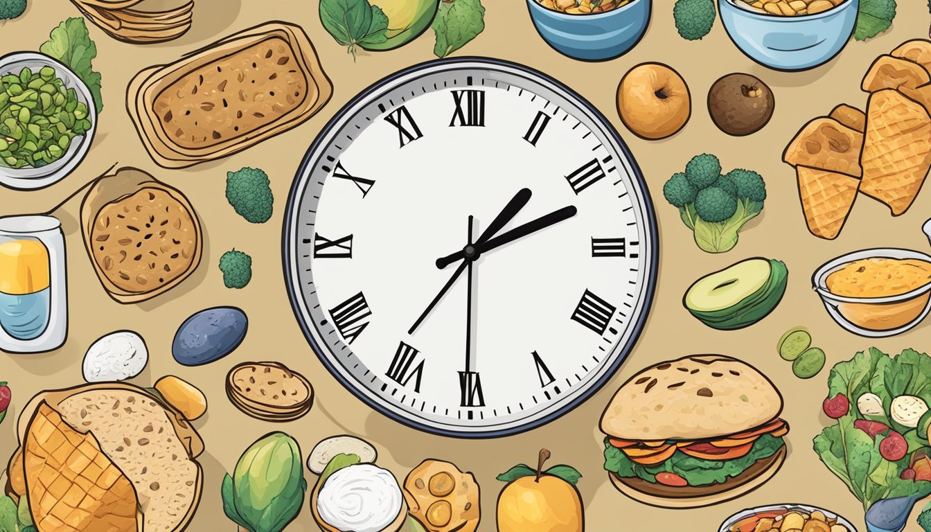 A clock showing different times of day with meals and snacks in between