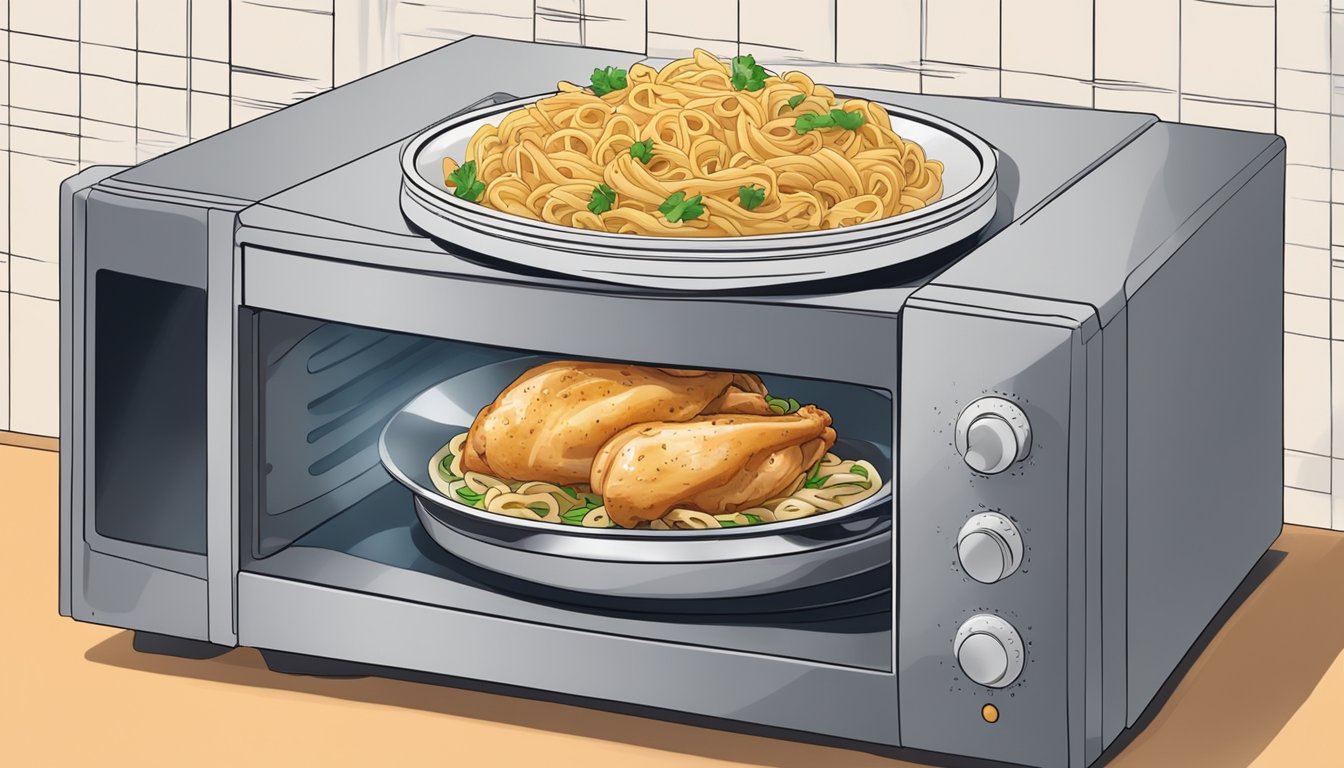 A plate of Chicken Marsala with pasta is being reheated in a microwave. The steam rises from the dish as it rotates on the turntable