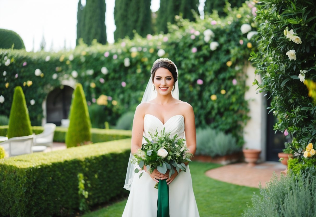 A lush Italian garden with greenery and flowers, a bride holding a bouquet of greenery, wearing a green sash or ribbon