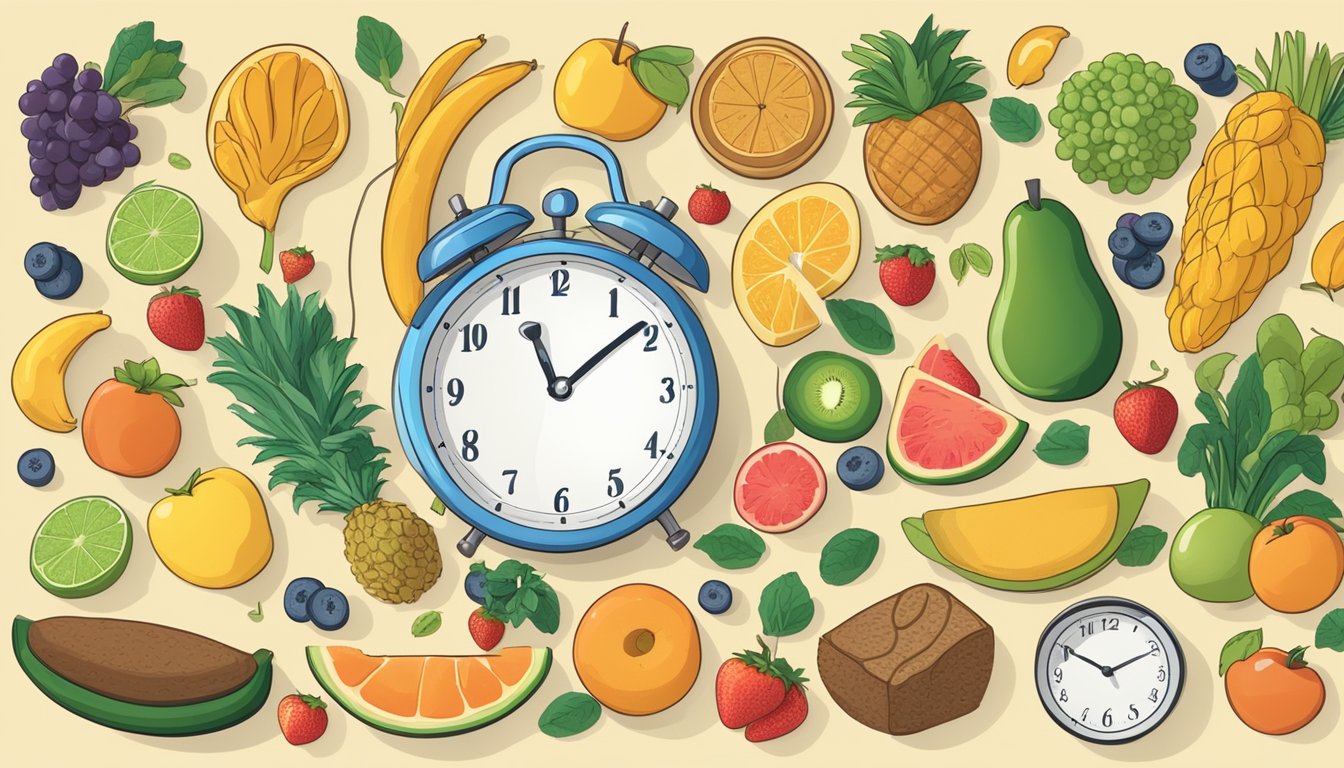 A clock showing the time intervals for fasting and eating, surrounded by healthy food options like fruits, vegetables, and whole grains