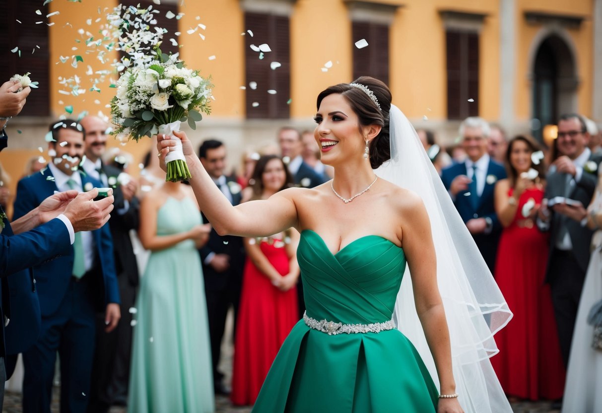 A bride in a green gown throwing confetti at a traditional Italian wedding