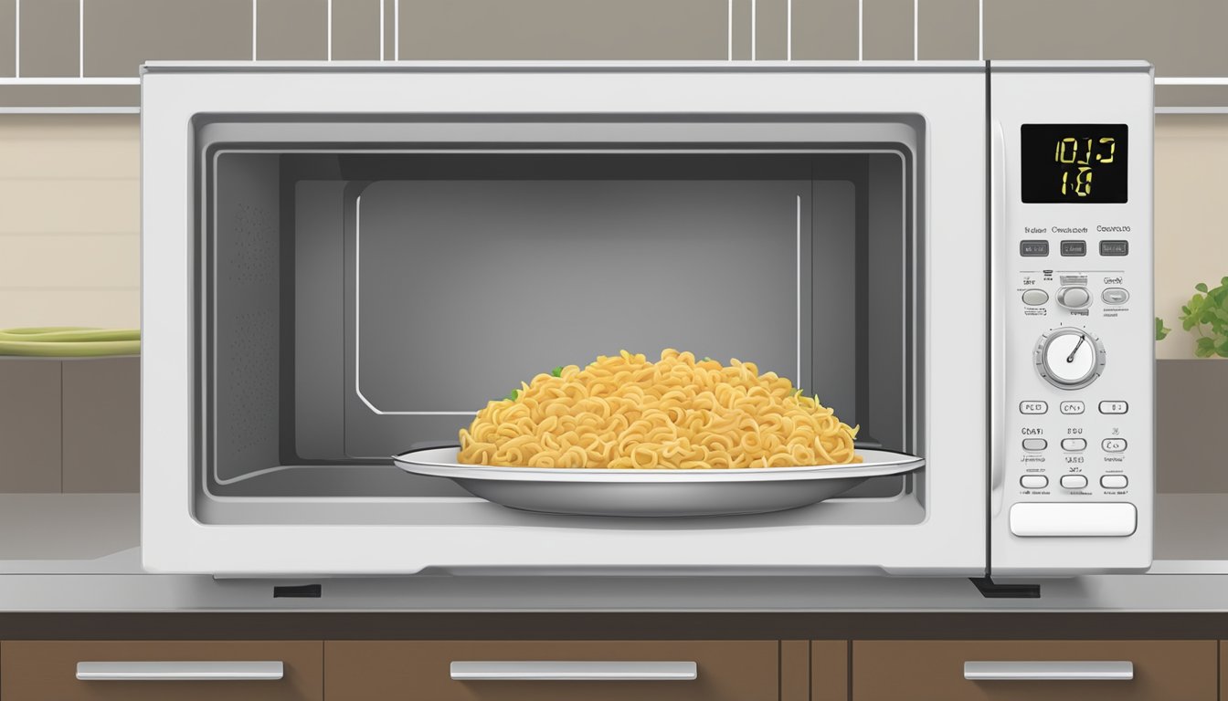 A microwave with an open door, a plate of chicken noodle casserole inside, and the digital display showing the time counting down