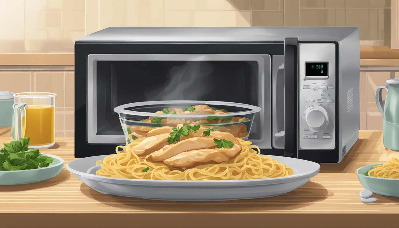 A plate of chicken marsala with pasta being reheated in a microwave