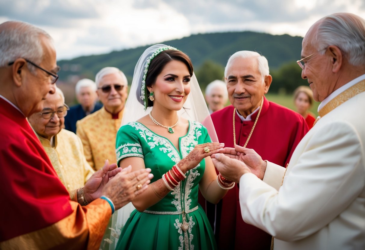 An Italian bride in a traditional green dress receives blessings from elders before her wedding