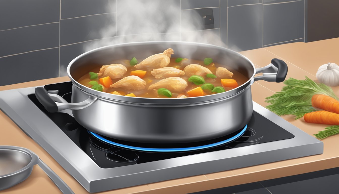 A pot of chicken stew being gently reheated on a stovetop, steam rising and the aroma filling the kitchen