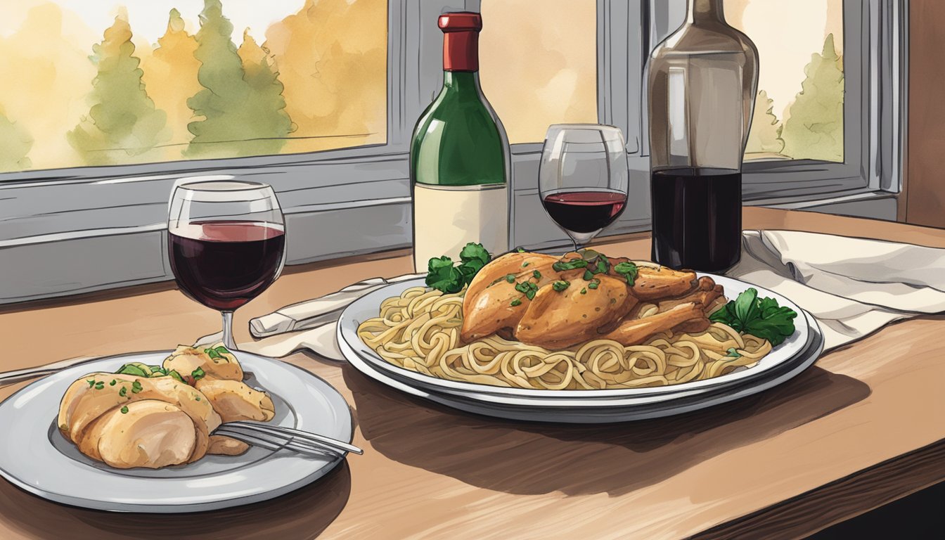 A steaming plate of chicken marsala with pasta sits next to a glass of red wine. A microwave and a wine bottle are nearby