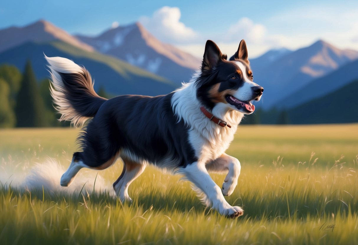 A Braque Francais Pyrenean dog running through a grassy meadow with mountains in the background