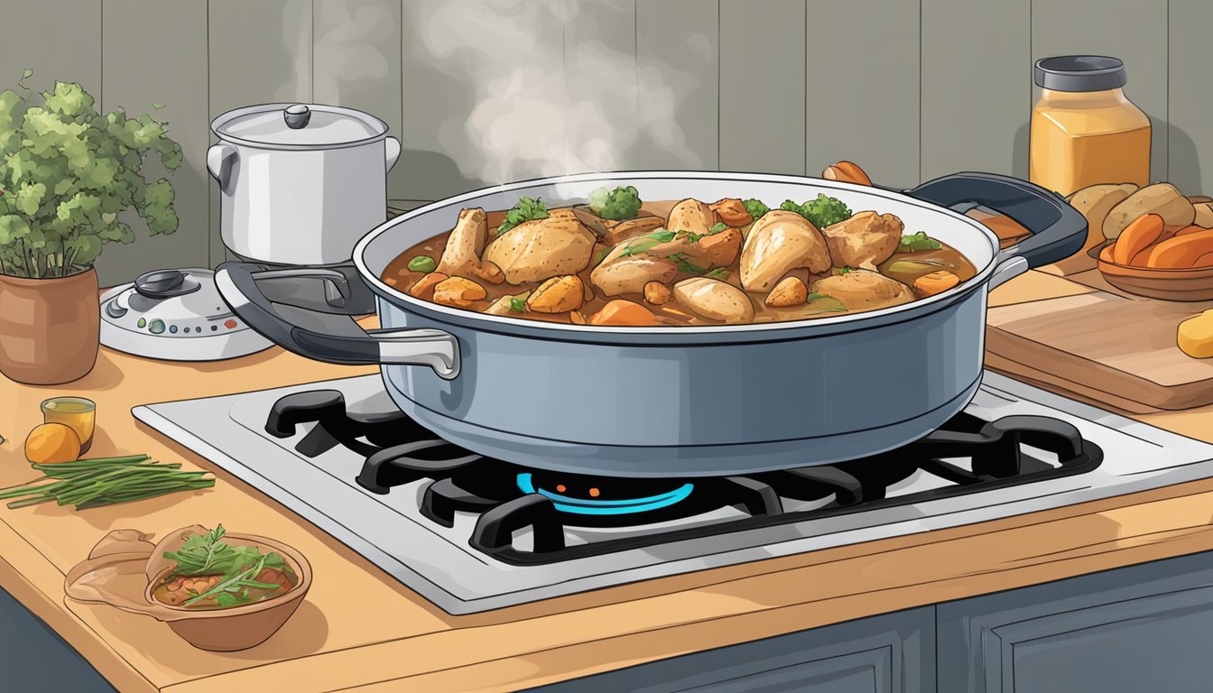 A steaming bowl of chicken stew sits on a stovetop, surrounded by various reheating methods such as microwave, oven, and stovetop