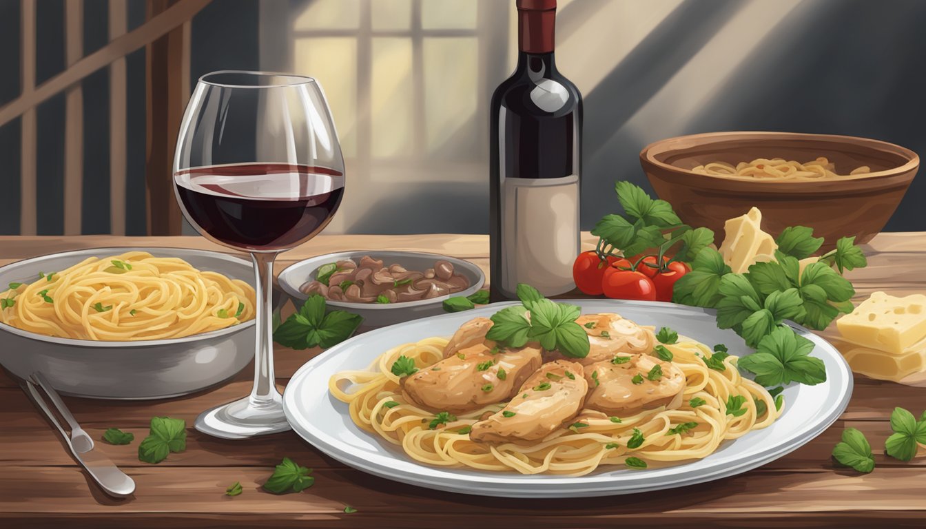 A steaming plate of chicken marsala and pasta sits on a rustic wooden table, surrounded by scattered herbs and a glass of red wine