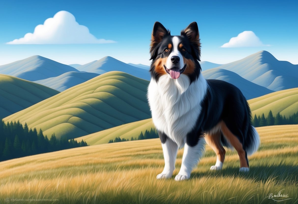 A Braque Francais Pyrenean dog stands proudly in a mountainous landscape, with rolling hills and a clear blue sky in the background