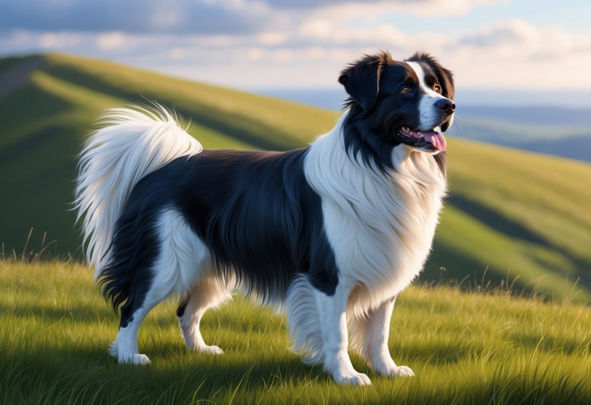 A Braque Francais Pyrenean dog standing proudly on a grassy hill, with its long, elegant coat blowing in the wind