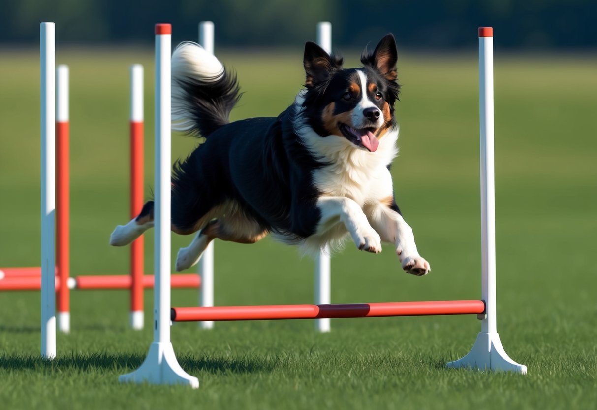 A Braque Francais Pyrenean dog running through an agility course, jumping over hurdles and weaving through poles during training