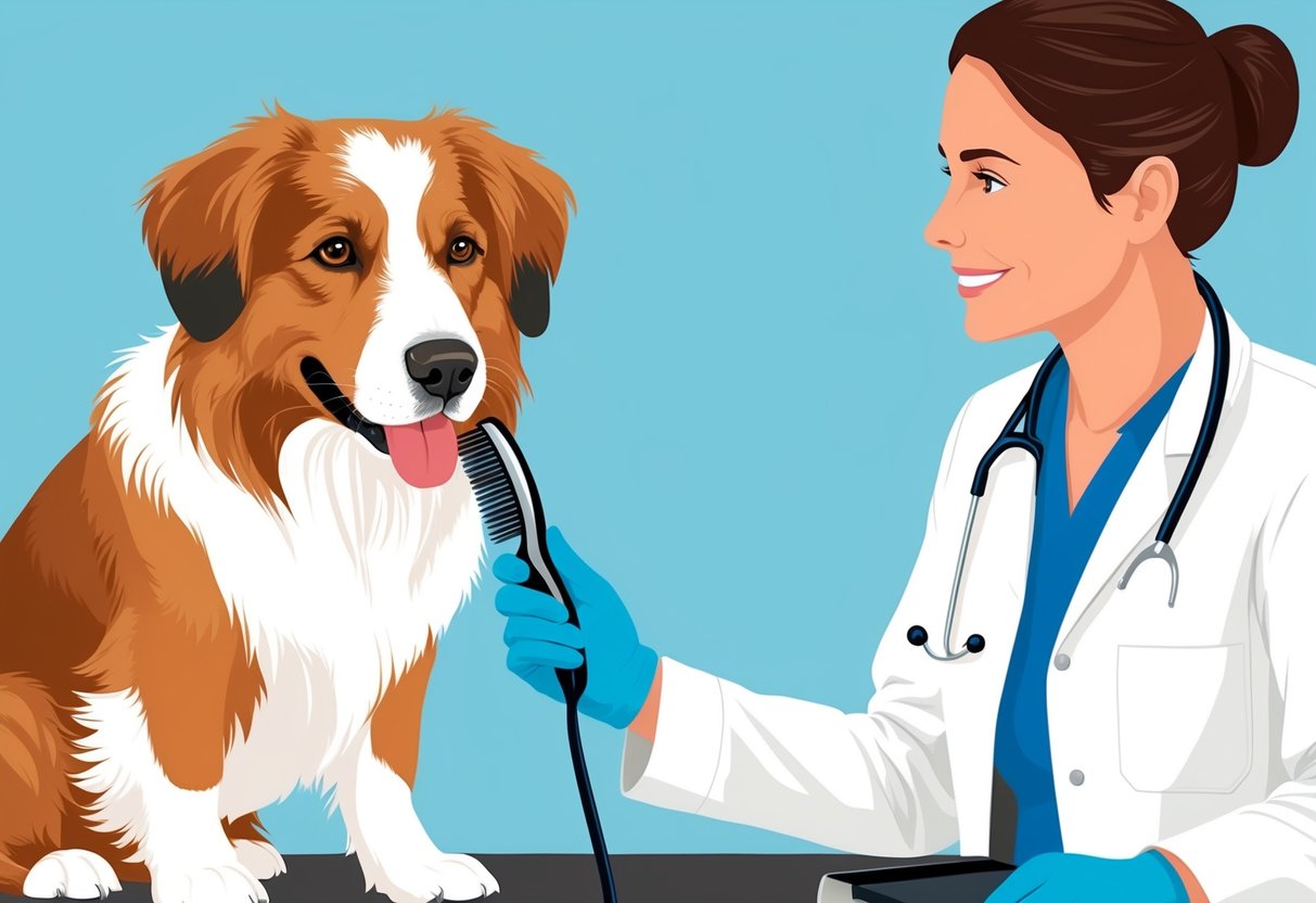 A Braque Francais Pyrenean dog being brushed and checked by a veterinarian for overall health and care