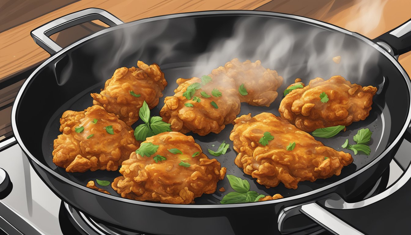 Chicken pakoras sizzling in a hot skillet, steam rising as they are flipped for even reheating, achieving the perfect crispy texture