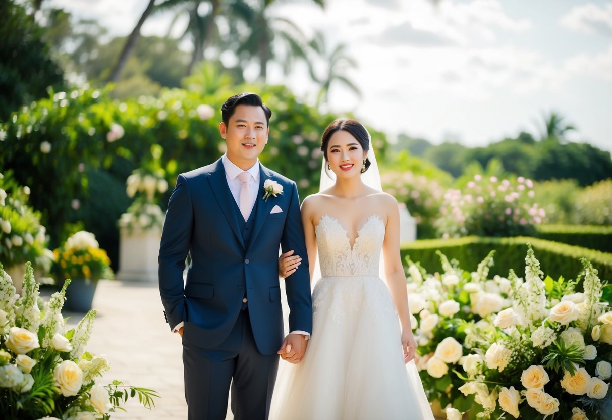 A couple stands at an elegant outdoor wedding. The groom wears a classic suit, while the bride is in a beautiful gown. The setting is lush and romantic, with flowers and greenery