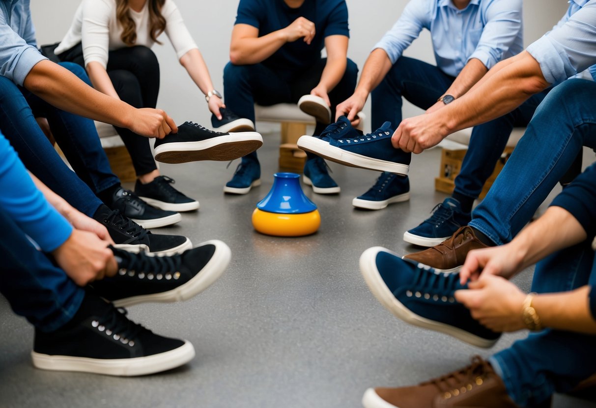 A group of people sit in a circle, each holding one shoe. They take turns tossing their shoes into the center, trying to land them on top of a designated object